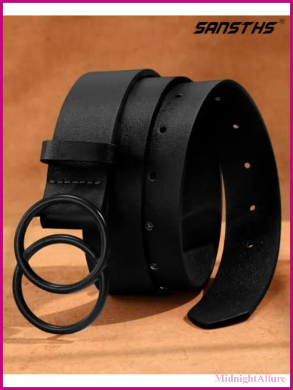 Women's Leather Belt Double Ring Buckle Adjustable Jeans Pants Waist Belt